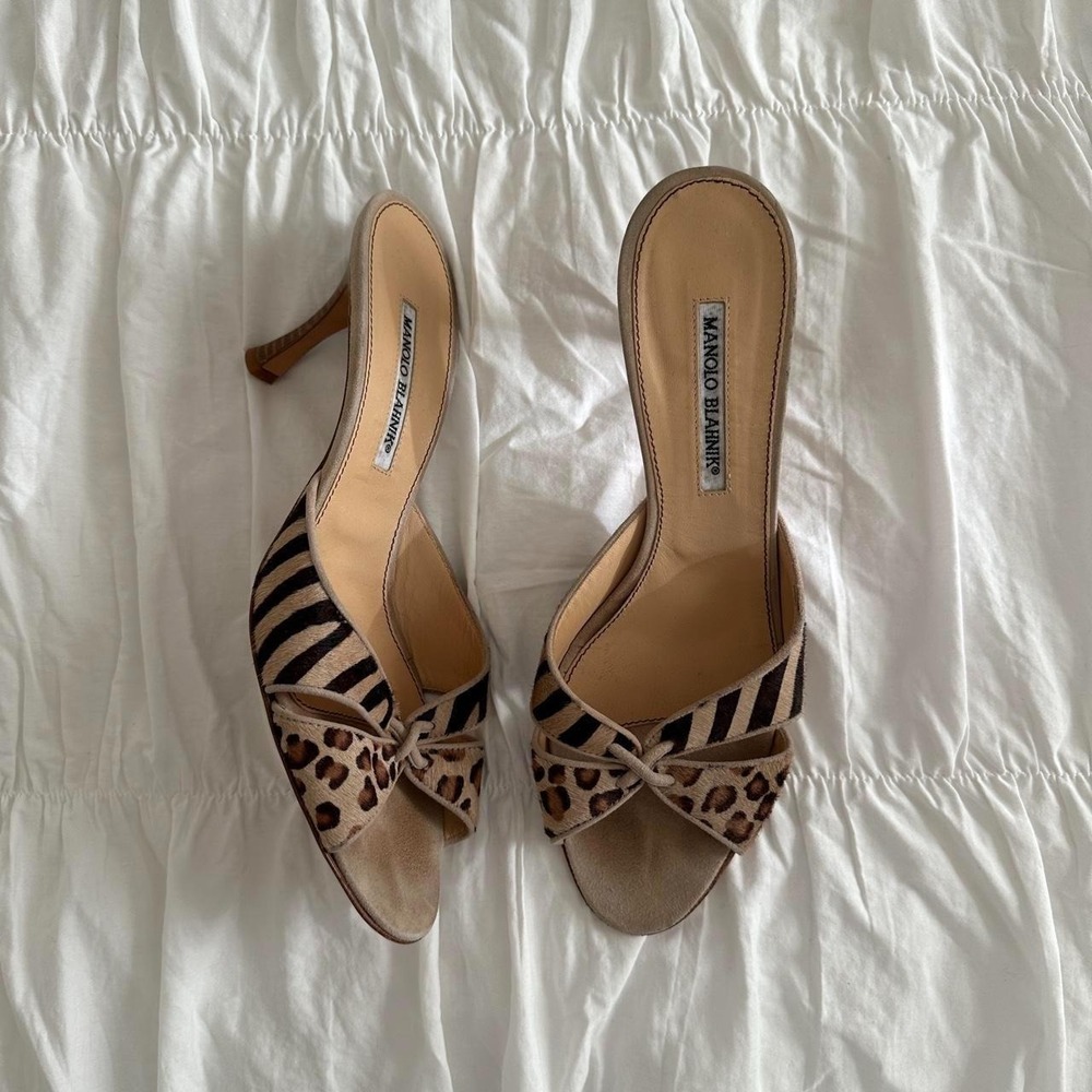 VINTAGE Manolo Blahnik Mixed Leopard And Tiger Print Pony Hair Kitten Heels